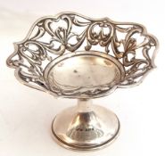 Edward VII silver pedestal dish, a pierced scroll design to a plain circular bowl on a spreading