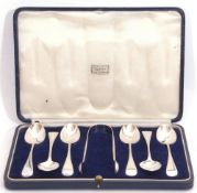 Good cased set of six Victorian feather edge Old English pattern tea spoons together with the