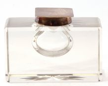 Large glass and silver inkwell of rectangular form having square hinged lid with circular collar,