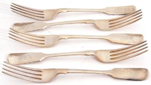 Set of five Victorian Fiddle pattern dessert forks, London 1841 and circa by Chawner & Co (George