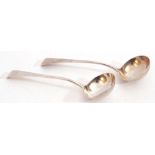 Pair of George III Old English sauce ladles, both engraved with monograms, round circular bowls,