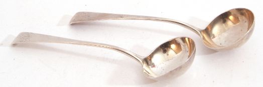 Pair of George III Old English sauce ladles, both engraved with monograms, round circular bowls,