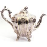 Victorian partially silver plated melon shaped tea pot with bud finial to the hinged lid, hollow