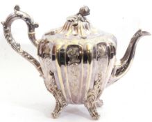 Victorian partially silver plated melon shaped tea pot with bud finial to the hinged lid, hollow