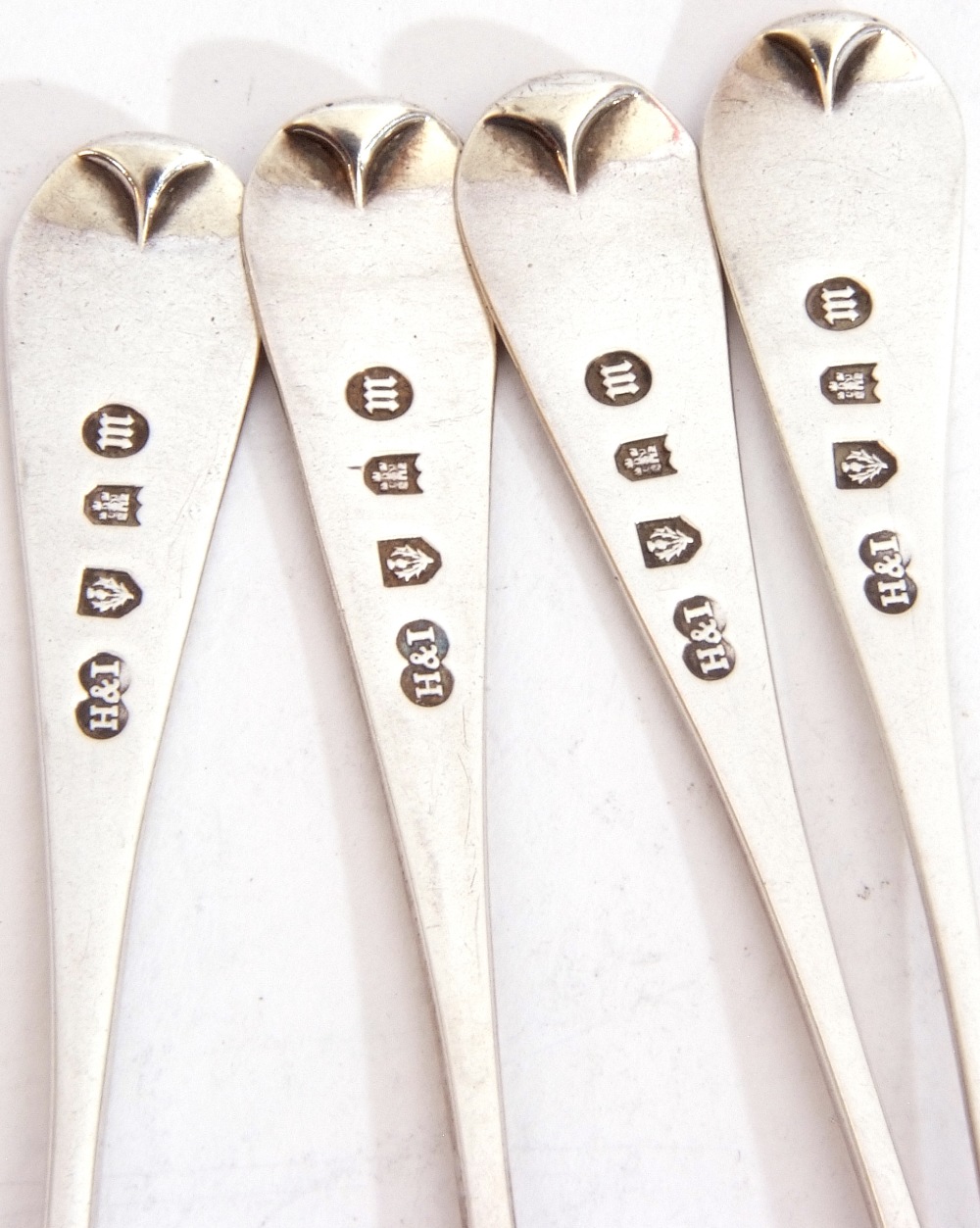 Set of four late Victorian tea spoons in bright cut Old English pattern with shell bowls, - Image 4 of 4