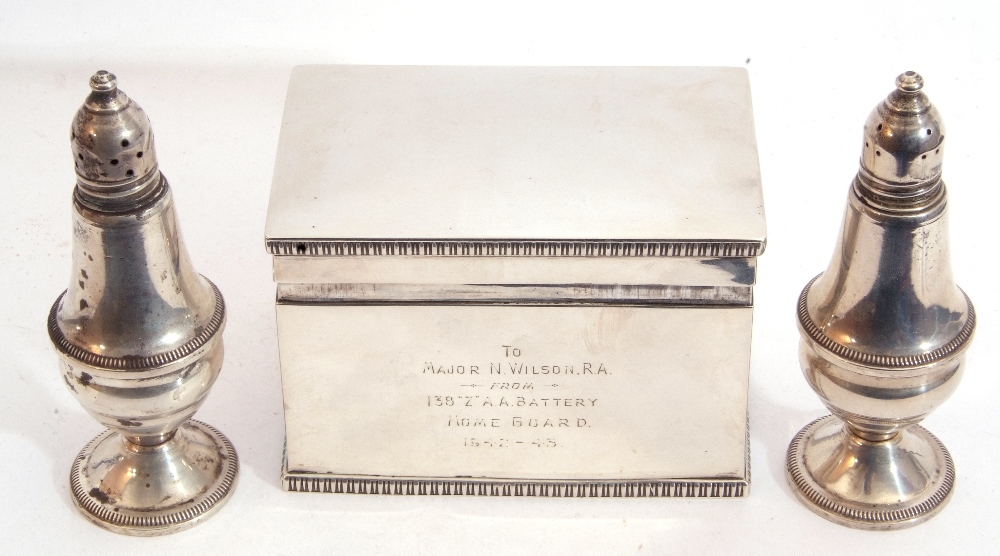 Mixed Lot: George VI solid silver box, of casket form, the hinged lid and base with gadrooned