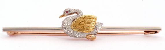 Precious metal and "swan" bar brooch, the plain polished rectangular bar applied with a tri-colour