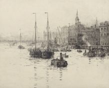 Lieut-Com Rowland Langmaid, RN (1897-1956), "Billingsgate", black and white etching, signed in