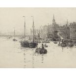 Lieut-Com Rowland Langmaid, RN (1897-1956), "Billingsgate", black and white etching, signed in