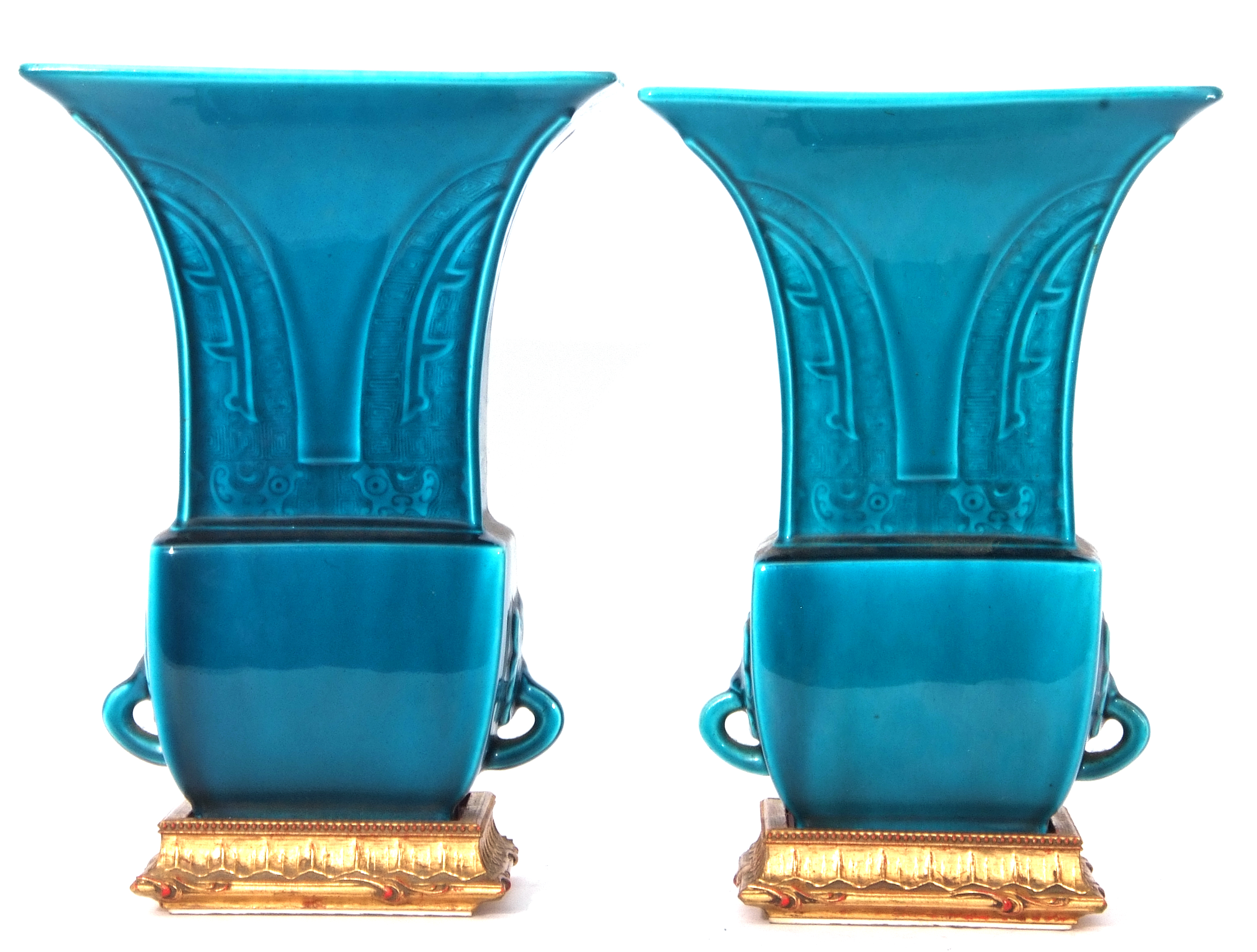 Pair of Theodore Deck blue faience vases of archaic Chinese form decorated with a geometric