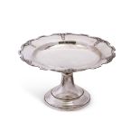 George V pedestal fruit dish, the circular top with applied wavy and bellflower drop edge, supported