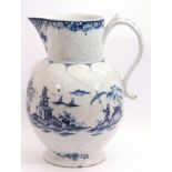 A large Lowestoft porcelain cider jug, c1765, the bulbous body decorated with Chinoiserie scenes,