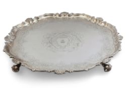 An extremely large and very good quality early Georgian salver with cast shell rim and engraved