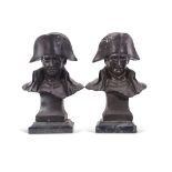 Pair of spelter busts of Napoleon on marble plinths, reverse impressed "Lecomte 82", 33cm high (2)
