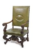 Victorian walnut oak large carver or "throne" chair, green leather back and seat, splayed arms