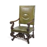 Victorian walnut oak large carver or "throne" chair, green leather back and seat, splayed arms