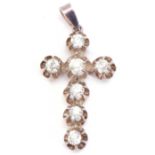 Precious metal diamond set cross pendant, set with seven old cut brilliant diamonds, 1.40ct
