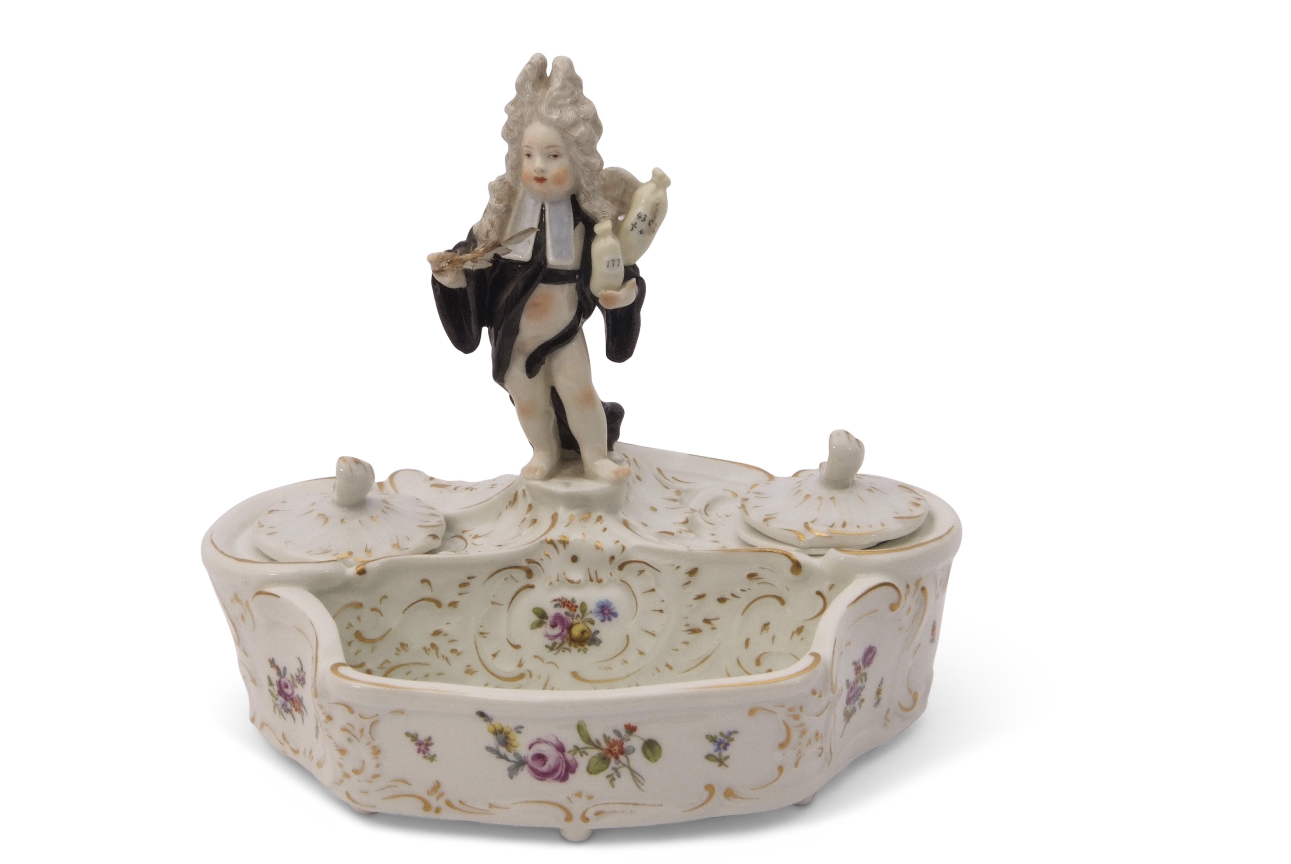 19th century Meissen style inkwell and pen tray with a cupid in disguise figure modelled as an