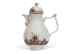 Meissen coffee pot and cover with Tau handle circa 1740, painted with Kauffahrtei scenes with a