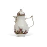 Meissen coffee pot and cover with Tau handle circa 1740, painted with Kauffahrtei scenes with a