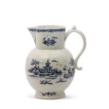 Lowestoft porcelain cider jug of bulbous form with blue and white chinoiserie decoration and strap