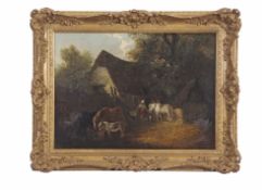 Edward Robert Smythe (1810-1899), Figures with ponies by a thatched cottage, oil on canvas, signed