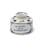 Rare Lowestoft inkwell, the centre inscribed "A trifle from Lowestoft" with floral sprig decoration,