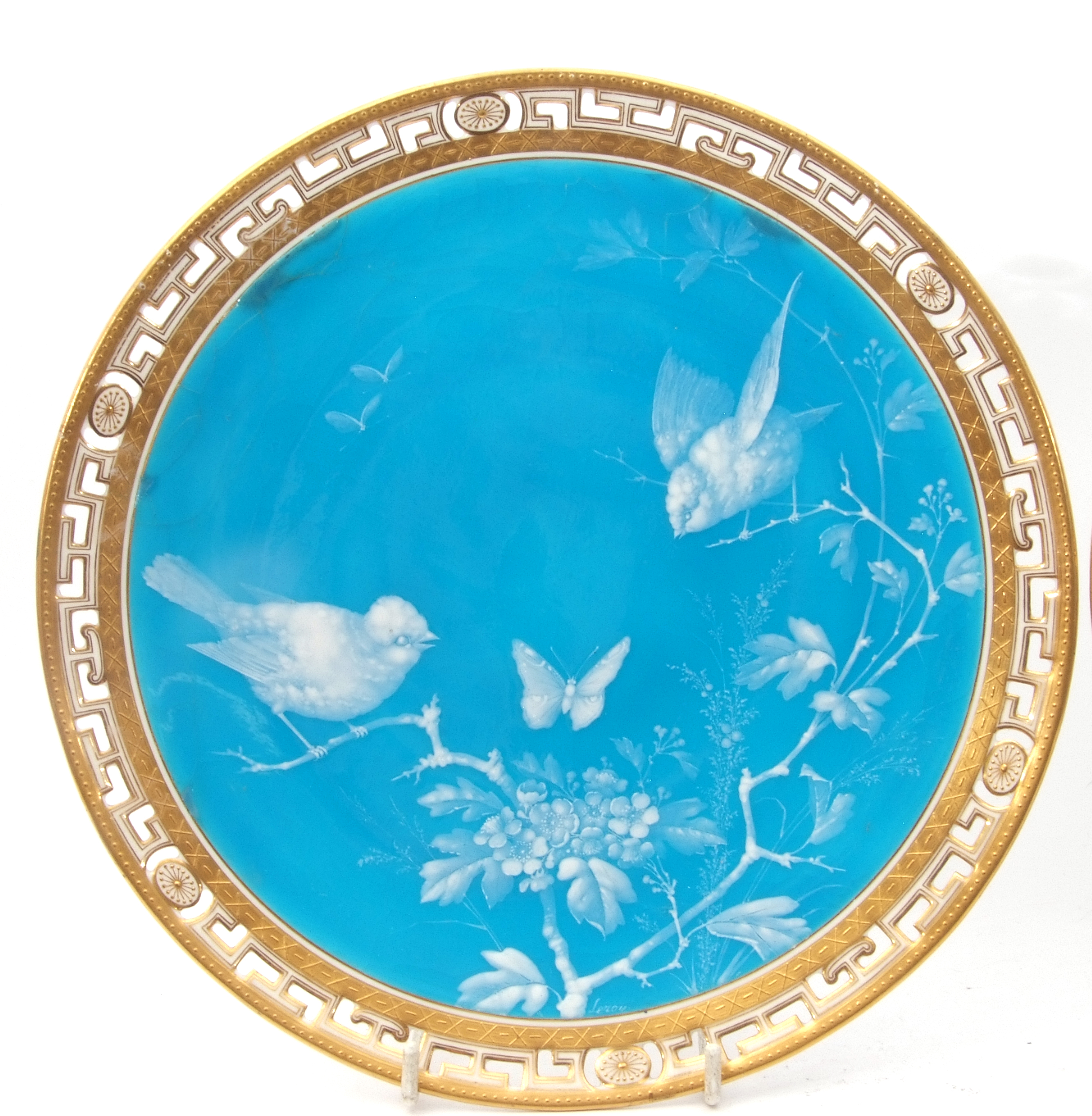 Pair of 19th century Minton plates with enamel decoration of birds on a turquoise ground within - Image 3 of 5