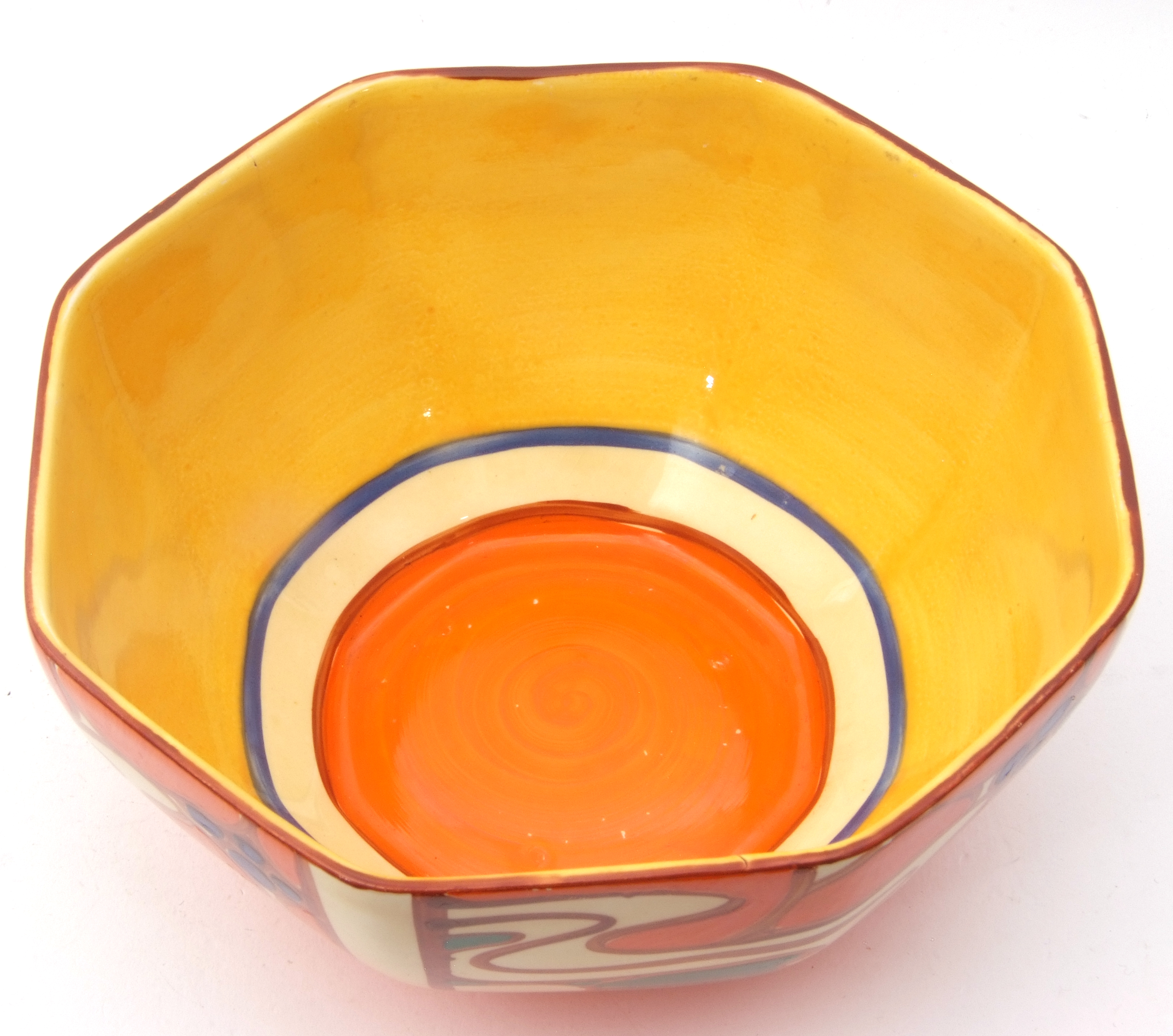 Octagonal Clarice Cliff bowl, in the Orange Sunrise pattern, the base with Fantasque Clarice Cliff - Image 3 of 5