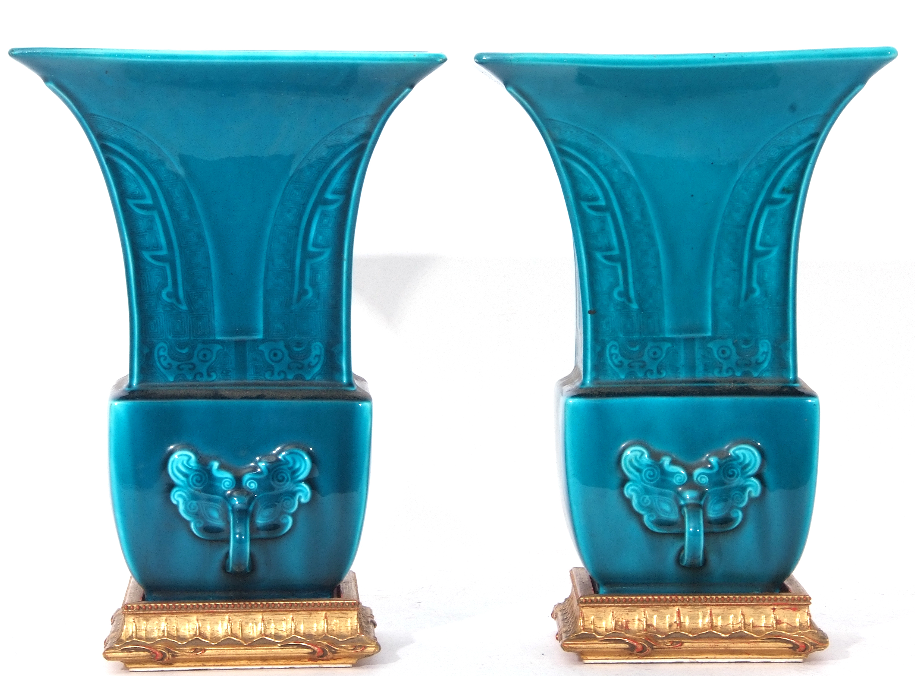 Pair of Theodore Deck blue faience vases of archaic Chinese form decorated with a geometric - Image 3 of 8