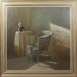 •AR Colin Fraser (born 1956), Still Life study of wicker chair by a table, egg tempera, signed and