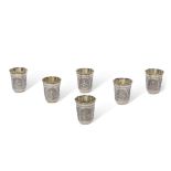 Set of six Russian tot cups with niello work, each cup height 5cm, diam 4cm, Viktor Savinkov, Moscow