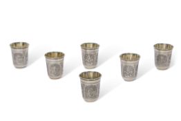 Set of six Russian tot cups with niello work, each cup height 5cm, diam 4cm, Viktor Savinkov, Moscow