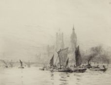 William Lionel Wyllie, RA, RI, RE (1851-1931), "Westminster", black and white etching, signed in