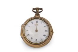 Mid-18th century gilt metal paired-case pocket watch of small proportions, having a single gold hand