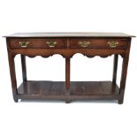 18th century oak small dresser base, plain plank top over two frieze drawers and raised on plain