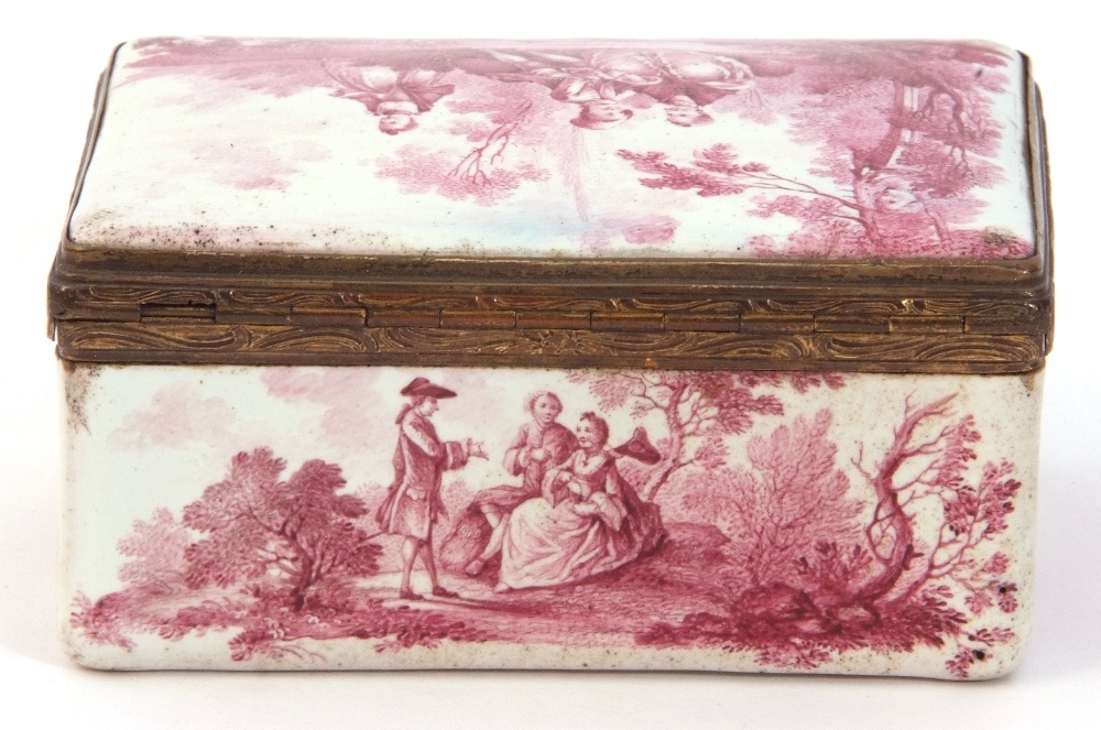 18th century Battersea gilt metal framed rectangular table snuff box, the panel to both sides of the - Image 6 of 6