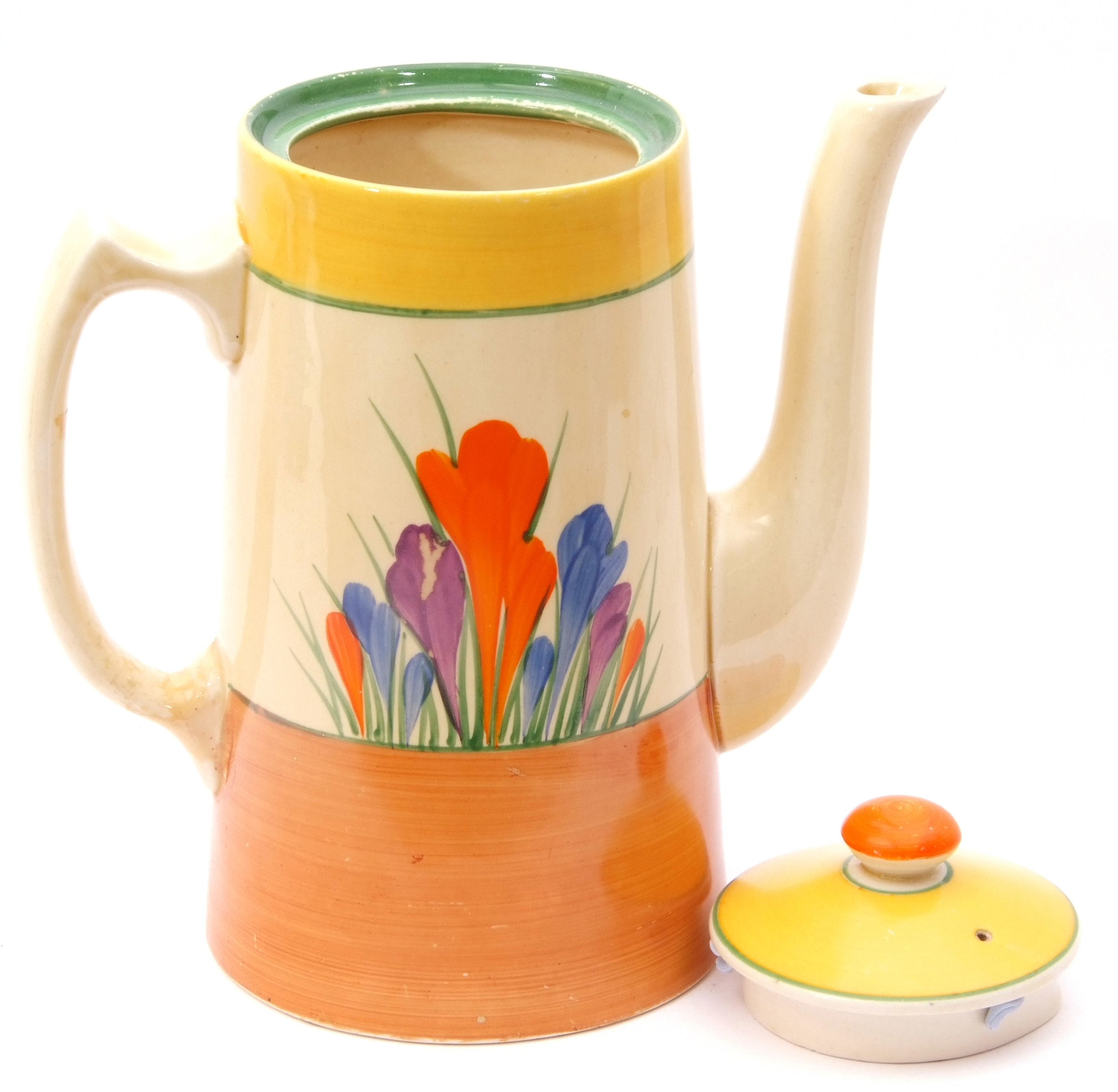 Clarice Cliff Bizarre Crocus pattern coffee pot and cover, 16cm high - Image 7 of 8