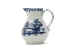 Good Lowestoft porcelain miniature jug circa 1765, decorated in blue with chinoiserie scenes beneath