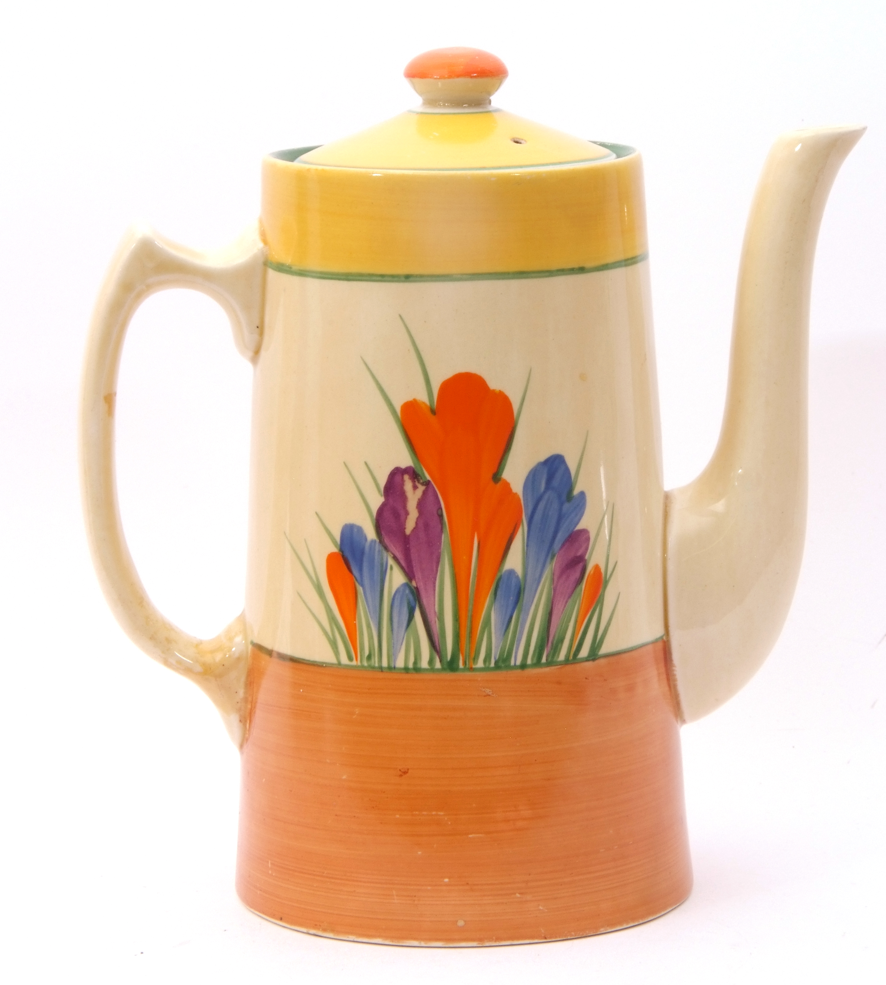 Clarice Cliff Bizarre Crocus pattern coffee pot and cover, 16cm high - Image 2 of 8