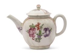 Lowestoft tea pot with floral decoration within gilt scroll panels, 14cm high