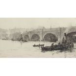 William Lionel Wyllie, RA, RI, RE (1851-1931), "Waterloo Bridge", black and white etching, signed in