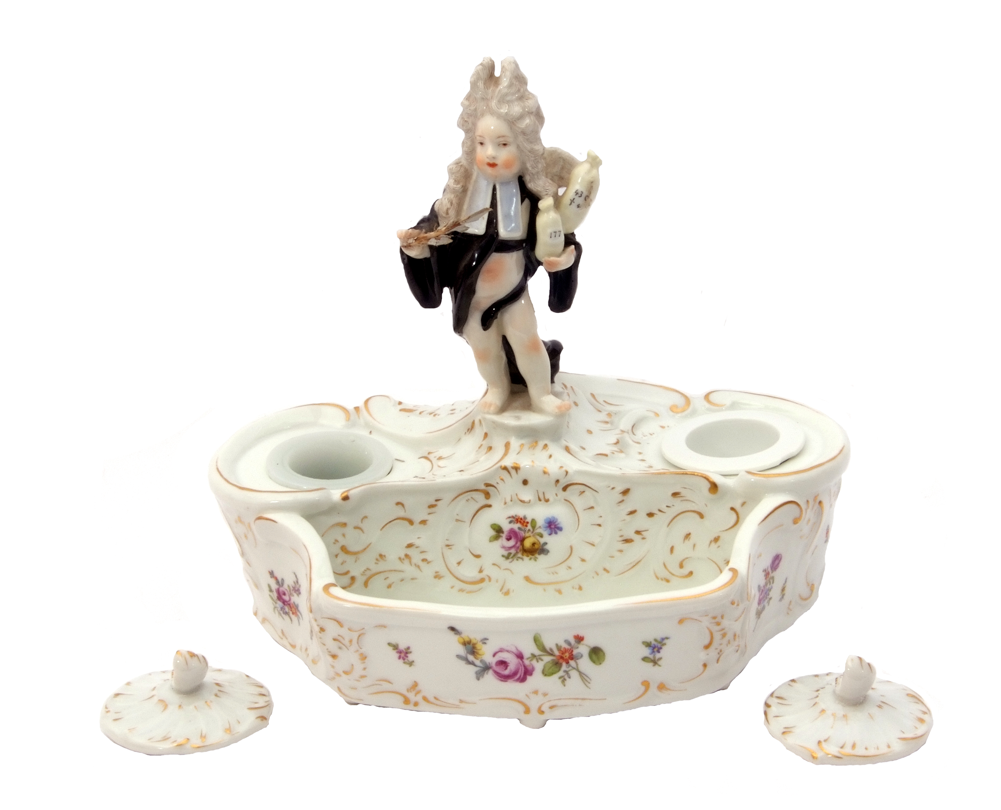 19th century Meissen style inkwell and pen tray with a cupid in disguise figure modelled as an - Image 5 of 6