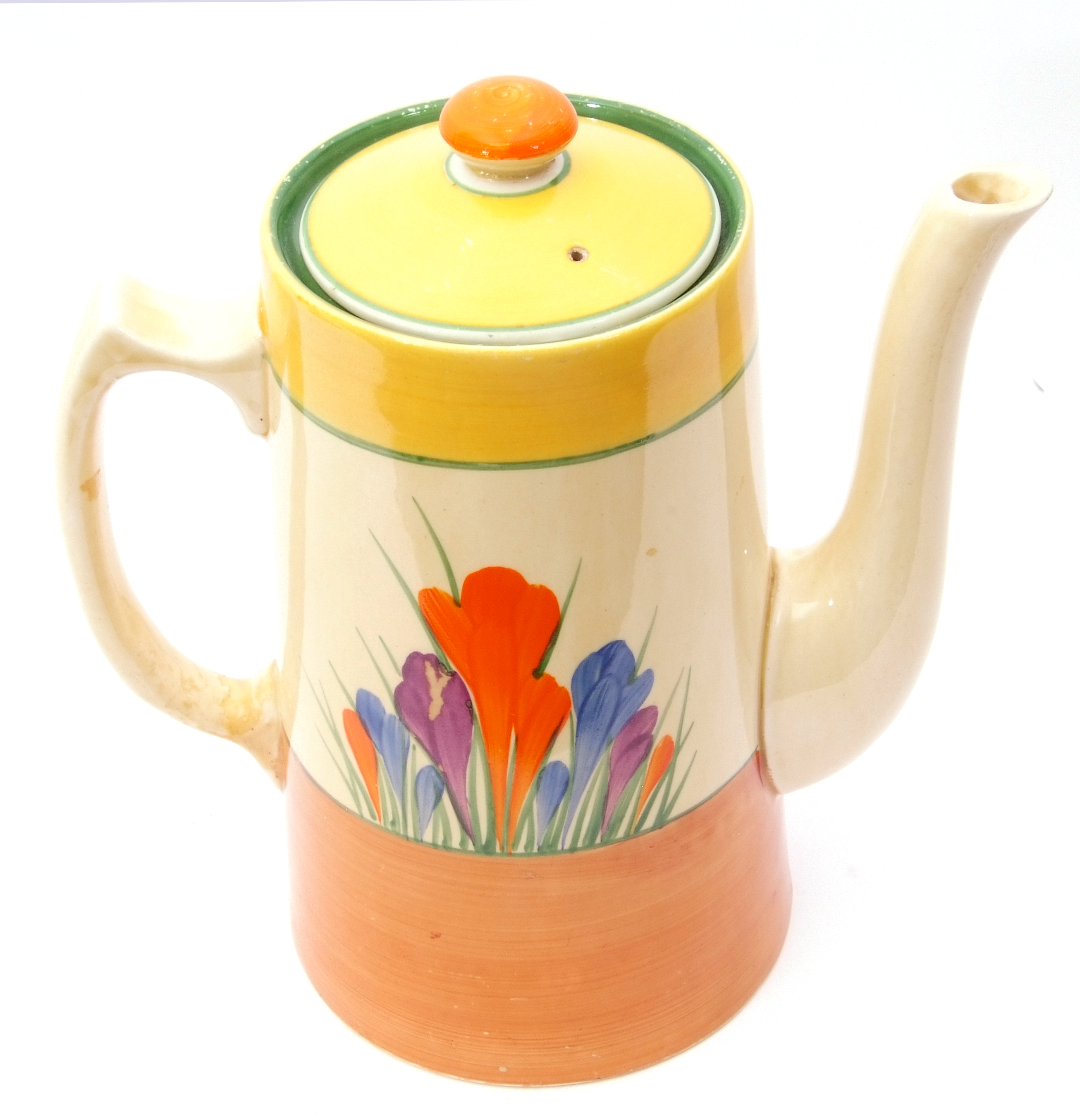 Clarice Cliff Bizarre Crocus pattern coffee pot and cover, 16cm high - Image 6 of 8