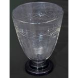 Art Deco glass vase of flared form on stepped purple base, decorated with stylised leaves in relief,