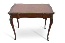 Decorative Continental Kingwood and marquetry centre table, applied with gilt border and the four