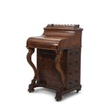 Victorian walnut piano top Davenport, rising spring loaded stationery compartment, fret carved