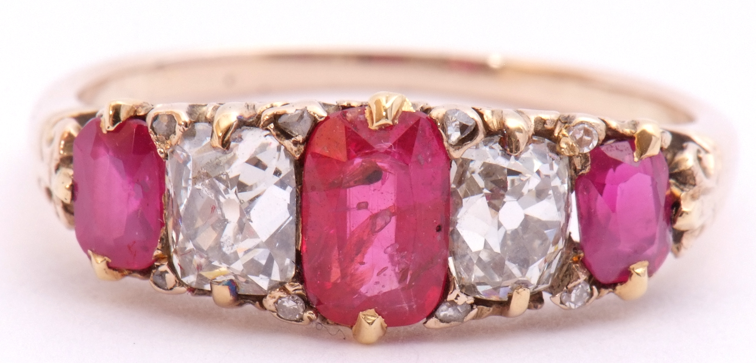 Ruby and diamond five stone ring, an alternate design featuring three graduated cushion cut rubies - Image 2 of 8