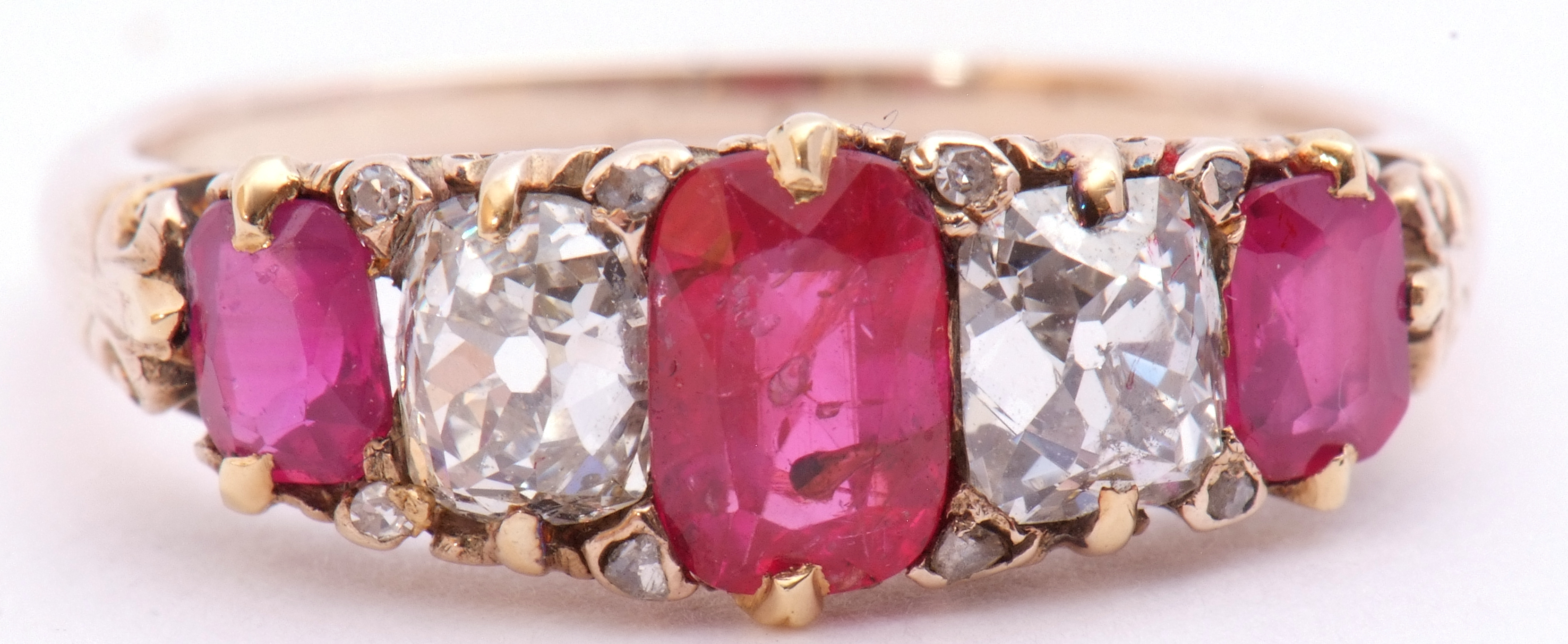 Ruby and diamond five stone ring, an alternate design featuring three graduated cushion cut rubies - Image 6 of 8