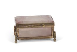 Mid/late 19th century gilt metal and agate chest formed box, max width 6cm, max depth 3.5cm,